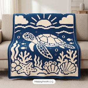 May include: A dark blue and cream crochet blanket featuring a central sea turtle swimming among coral, starfish, and seashells. The upper section displays a sun and clouds, while the lower border includes the text "happyhookclub" in a white label.