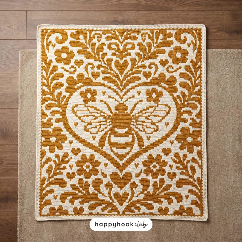 May include: A rectangular crochet blanket featuring a mustard yellow and cream color scheme. The design displays a central bee motif enclosed within a heart shape, surrounded by intricate floral and leaf patterns. The text happyhookclub is visible.