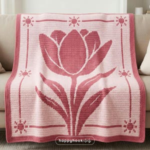 Patrón de manta de crochet con mosaico superpuesto, manta con flores de tulipán en PDF, patrón de crochet de primavera, afgano floral, regalo para el Día de la Madre