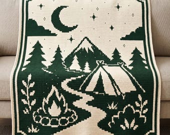 Gehaakt patroon kampeermozaïek PDF-overlay Mozaïek gehaakt dekenpatroon Kampvuur Bergbos Avontuurlijke plaid