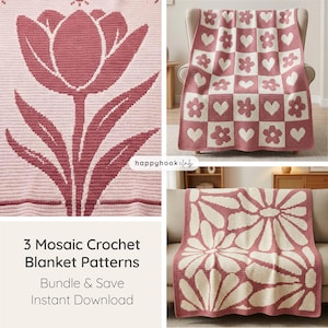 Peut inclure: Présentation de trois modèles de couvertures au crochet mosaïque. Une couverture présente un grand motif de tulipe rose. Une autre a un motif en damier avec des cœurs et des fleurs. La troisième a un grand motif de marguerite. Les couvertures sont roses et blanches.