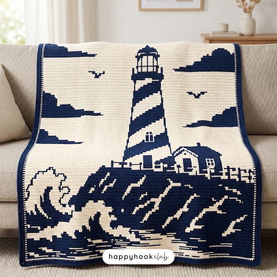 Cliff Lighthouse Overlay Mosaic Crochet Blanket Pattern PDF Coastal Crochet Graph Ocean Lighthouse Blanket