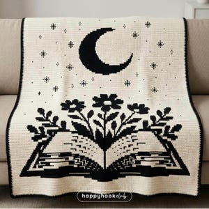 Schema per coperta all'uncinetto con mosaico sovrapposto, schema per coperta all'uncinetto per amanti dei libri, schema per coperta all'uncinetto con tema di lettura, coperta all'uncinetto floreale in formato PDF