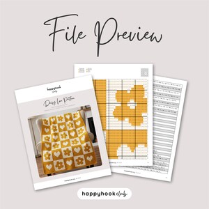 May include: A preview of a crochet pattern titled "Daisy Love Pattern" featuring a yellow and white daisy and heart design blanket. The image also shows a color chart and a page of instructions. The words "File Preview" are written at the top.