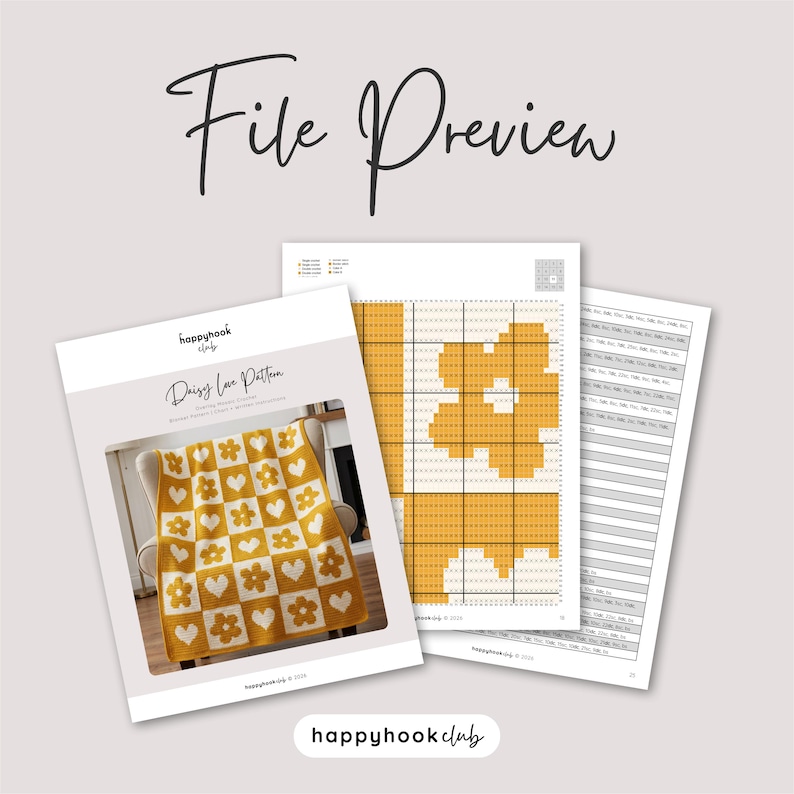 May include: A preview of a crochet pattern titled "Daisy Love Pattern" featuring a yellow and white daisy and heart design blanket. The image also shows a color chart and a page of instructions. The words "File Preview" are written at the top.