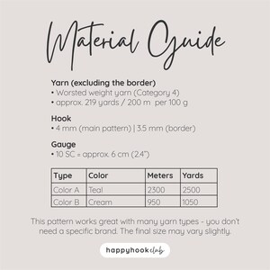 May include: A material guide for a crochet pattern featuring text on a light background. It lists worsted weight yarn, 4 mm and 3.5 mm hooks, and a gauge of 10 SC equaling 2.4 inches. A table shows Color A teal at 2500 yards and Color B cream at 1050 yards.