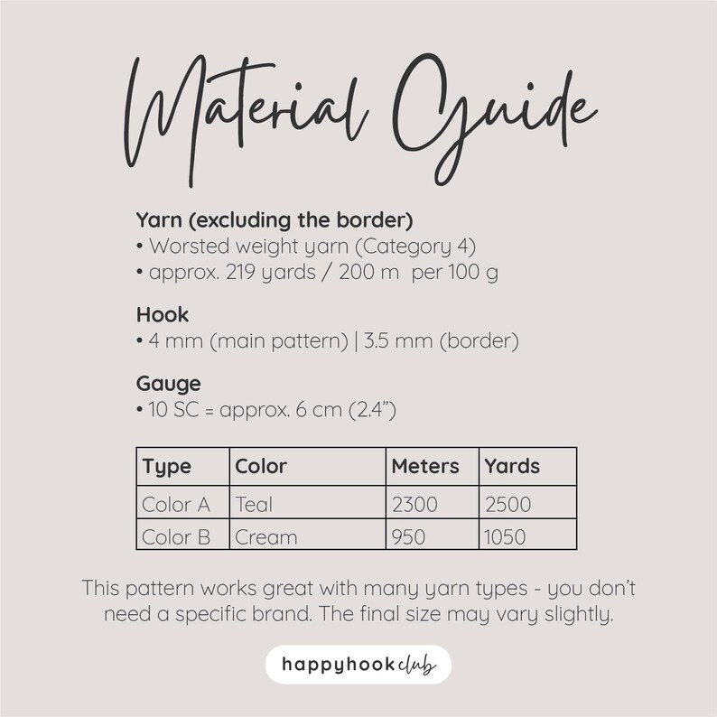 May include: A material guide for a crochet pattern featuring text on a light background. It lists worsted weight yarn, 4 mm and 3.5 mm hooks, and a gauge of 10 SC equaling 2.4 inches. A table shows Color A teal at 2500 yards and Color B cream at 1050 yards.