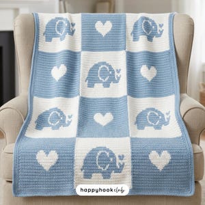 Patrón de ganchillo para manta de bebé con elefante, diseño de mosaico superpuesto, manta infantil con animales, PDF. Lindo patrón de manta de bebé con forma de corazón de elefante.