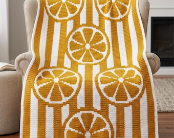 Schijfjes citroen Gehaakte deken Patroon overlay Mozaïek Citrusdeken Zomer woondecoratie Afdrukbaar patroon Heldergeel moderne strepen deken