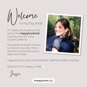 Puede incluir: Gr&aacute;fico beige claro con el texto "Welcome to my Etsy shop!" y una foto de una mujer sonriente. El texto tambi&eacute;n dice "happyhookclub" y menciona patrones de ganchillo.
