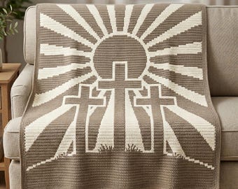 Calvary Cross gehaakte dekenpatroon Pasen gehaakte deken Drie kruisen christelijke overlay mozaïek gehaakt patroon PDF