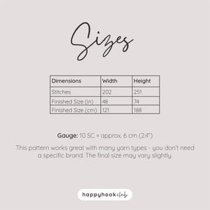 May include: A cream-colored graphic with the word "Sizes" in cursive script. A table shows dimensions: 48" x 74" finished size, or 121 cm x 188 cm. The gauge is 6 cm (2.4"). The Happy Hook Club logo is at the bottom.