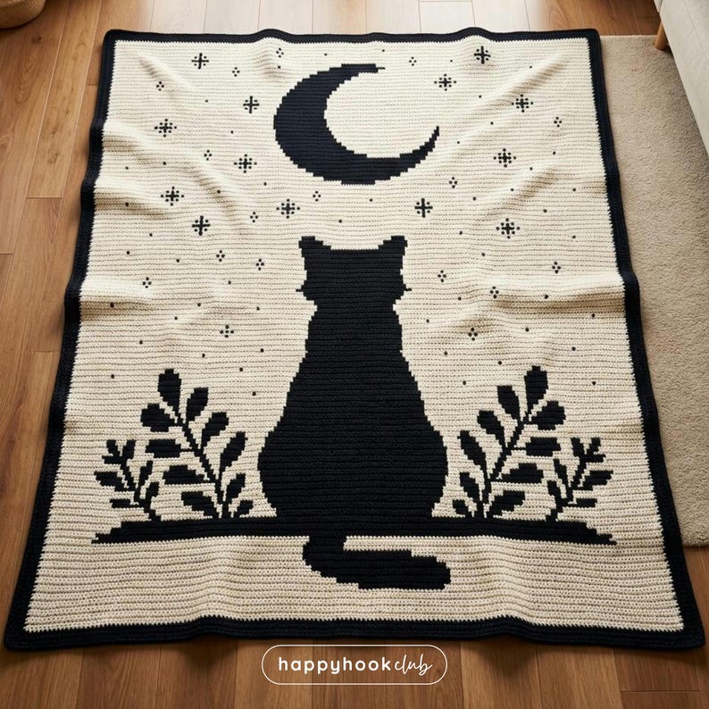 May include: A cream-colored crocheted blanket featuring a black cat silhouette sitting beneath a crescent moon and stars. The blanket has a black border and includes leaf designs. The words "happyhookclub" are in the bottom right corner.
