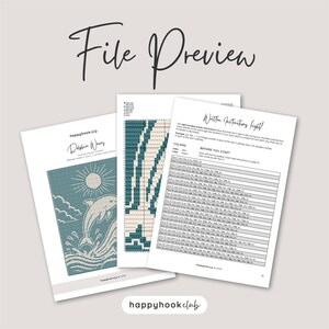 May include: A digital crochet pattern document titled Dolphin Waves by happyhookclub, featuring a teal and white graphic of a dolphin jumping from waves under a sun, a grid-based stitch chart, and a page of written instructions for the project.