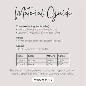 Puede incluir: Una gu&iacute;a de materiales con el t&iacute;tulo "Material Guide" en una fuente manuscrita. La gu&iacute;a enumera las especificaciones de hilo, ganchillo y calibre. Incluye una tabla con el color del hilo, metros y yardas. El logotipo de happyhook club est&aacute; en la parte inferior.