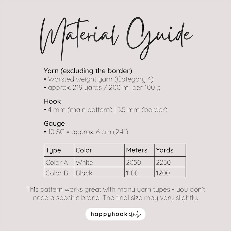 Puede incluir: Una gu&iacute;a de materiales con el t&iacute;tulo "Material Guide" en una fuente manuscrita. La gu&iacute;a enumera las especificaciones de hilo, ganchillo y calibre. Incluye una tabla con el color del hilo, metros y yardas. El logotipo de happyhook club est&aacute; en la parte inferior.