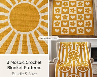 Set of 3 Mosaic Crochet Blanket Patterns Sun Flower Checkered Citrus Crochet Pattern Bundle PDF Overlay Mosaic Crochet Instant Download