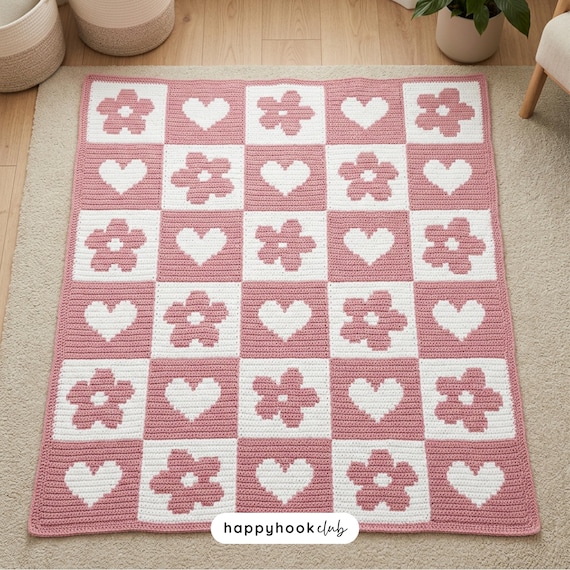 Daisy Flower Crochet Blanket Pattern Floral Crochet Blanket Overlay Mosaic Crochet Pattern Flower Checkerboard Blanket PDF
