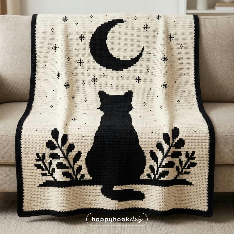 May include: A cream-colored crochet blanket featuring a black cat silhouette, a crescent moon, and stars. The blanket has a black border and is draped over a beige sofa. The words "happyhookclub" are in the bottom right corner.