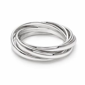 May include: A polished silver-tone ring composed of three interlocking bands. The circular bands are smooth, rounded, and reflective, creating a continuous looped structure that overlaps to form a single cohesive piece of jewelry.