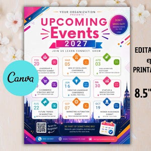Könnte beinhalten: Eine bearbeitbare und druckbare Flyer-Vorlage im Format 21,6 cm x 27,9 cm für kommende Veranstaltungen im Jahr 2027. Das Design zeigt eine Skyline im Hintergrund, ein Raster mit neun Terminen, Icons, einen QR-Code und Kontaktinformationen.