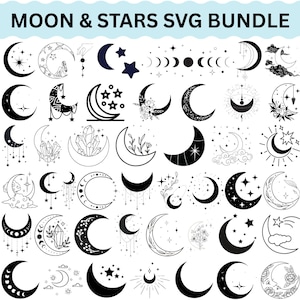 Månen och stjärnorna SVG-paket, himmelsk clipart, natthimlens grafik (digital nedladdning)