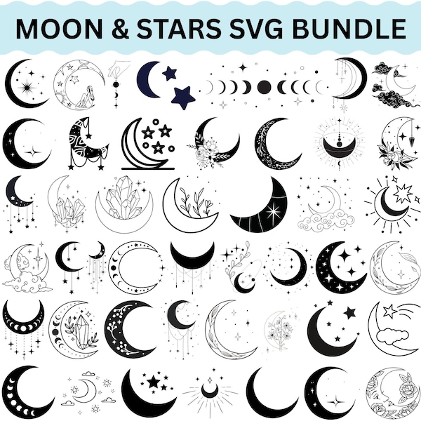 Pacchetto SVG Luna e Stelle, Clipart Celesti, Grafica del Cielo Notturno (Download Digitale)