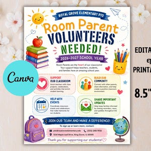 Könnte beinhalten: Ein Flyer für das Royal Grove Elementary PTO mit dem Titel Room Parent Volunteers Needed für das Schuljahr 2026-2027. Er zeigt bunte Illustrationen von Büchern, einem Rucksack, einem Globus und Stiften. Der Text enthält Kontaktdaten und 21,6x28 cm.
