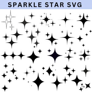 Può includere: Una collezione di icone a forma di stella e scintilla nera di varie forme e dimensioni, disposte su uno sfondo bianco. Il testo SPARKLE STAR SVG è stampato in nero nella parte superiore dell'immagine. Questi elementi grafici presentano disegni a quattro punte.