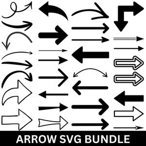 Puede incluir: Una colección de varios iconos de flechas negras en diferentes estilos, incluyendo diseños rectos, curvos, gruesos, finos, contorneados y sólidos. La parte inferior de la imagen presenta el texto ARROW SVG BUNDLE en letras mayúsculas blancas.