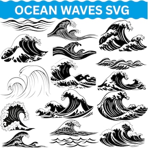Puede incluir: Una colección de diseños de olas oceánicas en blanco y negro. La imagen presenta varias ilustraciones estilizadas de olas, con el texto "OCEAN WAVES SVG" en una pancarta azul en la parte superior. Los diseños varían en estilo y complejidad.