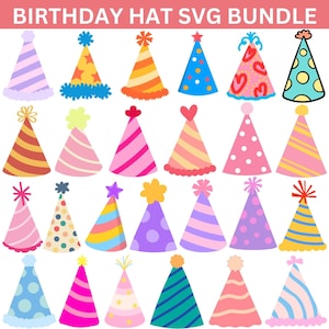 Könnte beinhalten: Eine digitale Sammlung mit dem Titel BIRTHDAY HAT SVG BUNDLE, die vierundzwanzig bunte, kegelförmige Partyhüte zeigt. Die Illustrationen weisen verschiedene Muster wie Streifen, Punkte und Herzen auf, gekrönt von Pompons, Sternen oder Fransen.