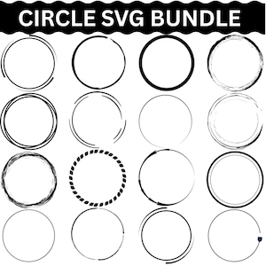 Op de afbeelding: Een verzameling van zestien zwart-witte cirkelontwerpen. De cirkels variëren in stijl, waaronder effen lijnen, stippellijnen en getextureerde randen. De tekst "CIRCLE SVG BUNDLE" staat bovenaan.