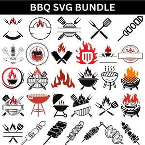 May include: A digital collection of black and red BBQ SVG icons featuring flames, grills, spatulas, forks, meat skewers, and cleavers. The top of the image displays the text BBQ SVG BUNDLE in white letters against a black horizontal banner.