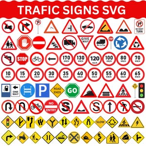 Puede incluir: Una colección de señales de tráfico rojas, blancas, amarillas y azules, que incluyen límites de velocidad, señales de advertencia y señales reglamentarias. El texto "TRAFIC SIGNS SVG" está en la parte superior. Señales con "STOP" y límites de velocidad en km/h.