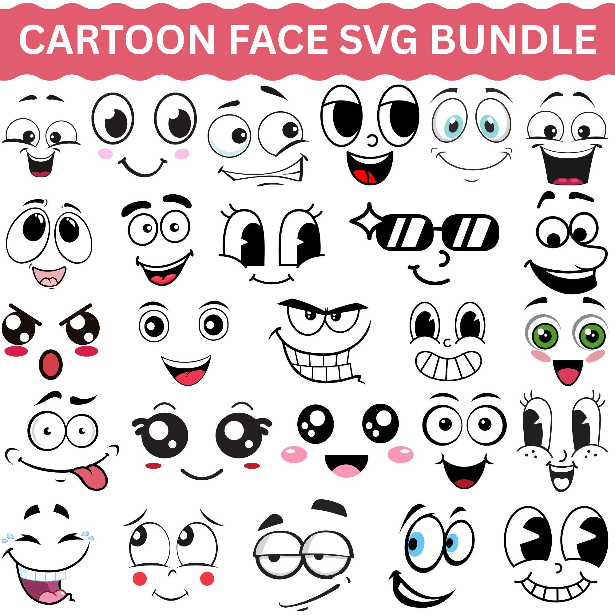 Cartoon Emotion Faces SVG Bundle: Funny Kawaii Clipart (digital ...