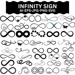 Puede incluir: Una colección de diseños de símbolos de infinito en blanco y negro. La imagen incluye varios estilos, como los que tienen corazones, mariposas y huellas de patas. El texto "INFINITY SIGN" está en la parte superior, junto con información sobre el tipo de archivo.