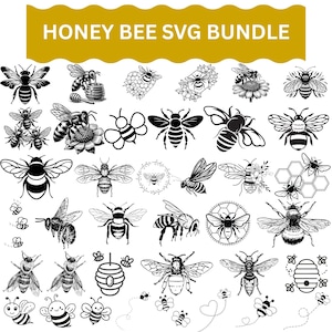 May include: A selection of black and white bee-themed SVG graphics. The designs feature diverse bee illustrations, honeycombs, and floral elements. The text "HONEY BEE SVG BUNDLE" is displayed in a yellow banner at the top.
