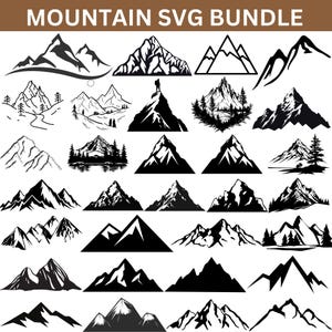 May include: A digital collection of black and white mountain illustrations labeled MOUNTAIN SVG BUNDLE. The set features various graphic designs of mountain peaks, some including pine trees, silhouettes of hikers, and reflective water elements.