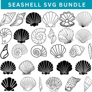 May include: A digital collection titled SEASHELL SVG BUNDLE featuring twenty-five distinct black and white illustrations of various seashells. The set includes solid black silhouettes and detailed line art drawings of spiral, fan, and clam shells.