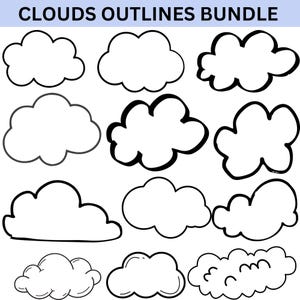 Può includere: Una collezione digitale intitolata CLOUDS OUTLINES BUNDLE che presenta undici diverse illustrazioni di nuvole in bianco e nero. Ogni grafica mostra uno stile unico disegnato a mano con spessori di linea variabili e forme arrotondate su sfondo bianco.