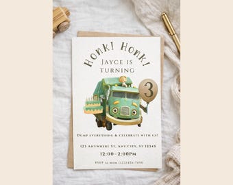 May include: Birthday invitation featuring a cartoon green dump truck with a cake and a balloon. The text reads "Honk! Honk! Jayce is Turning 3". Additional text includes event details and RSVP information.