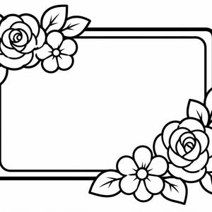 Könnte beinhalten: Schwarz-weißes Blumenrahmen-Design. Der Rahmen hat Rosen, kleine Blumen und Blätter in jeder Ecke. Der Rahmen hat eine abgerundete Rechteckform, ideal für Einladungen oder Ankündigungen.