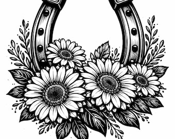 Sunflower Horseshoe SVG, Floral Lucky Horseshoe PNG, Rustic Western Engraving Design, Heartfelt Gift for Horse Lovers