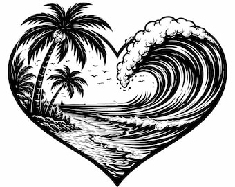 Tropical Beach Heart SVG, Palm Tree Ocean Wave Cut File, Romantic Coastal Vector for Dreamy Summer Lover Crafts
