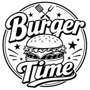 Könnte beinhalten: Schwarz-weißes kreisförmiges Logo mit der Aufschrift "Burger Time", das eine Burger-Illustration umgibt. Das Logo enthält einen Pfannenwender und eine Gabel, Sterne und nach außen strahlende Linien.
