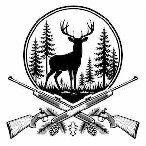 May include: Black and white illustration featuring a deer silhouette within a circular frame, surrounded by pine trees. Two crossed rifles are positioned below the circle, with pine cones and foliage accents. The design evokes a hunting or outdoor theme.