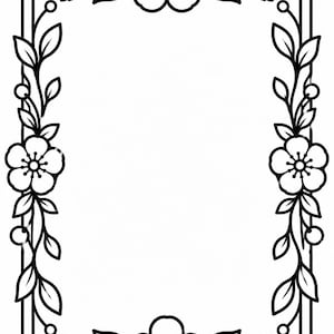 May include: A rectangular frame illustration featuring a bold black outline on a white background. The border is decorated with symmetrical floral motifs, including five-petaled blossoms, small buds, and pointed leaves arranged along the sides.