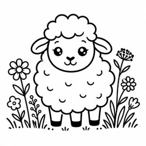 May include: Black and white illustration of a sheep with a fluffy wool coat, standing in grass with flowers. The sheep has a round face, big eyes, and small ears. The flowers and grass are also outlined in black.
