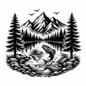 Scena di lago di montagna SVG PNG, file di taglio con riflesso nella foresta, design laser rustico della natura, decorazione tranquilla per baita per gli amanti dell'avventura